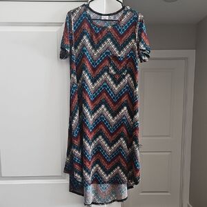 LuLaRoe Carly Tunic Dress, Burgundy/Teal Blue/Rust/Cream